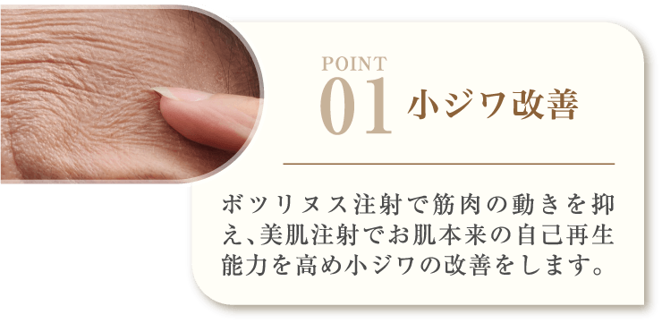 POINT01 小ジワ改善 ボツリヌス注射で筋肉の動きを抑え、美肌注射でお肌本来の自己再生能力を高め小ジワの改善をします。