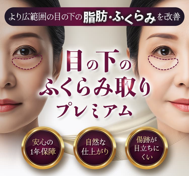 より広範囲の目の下の脂肪・ふくらみを改善 目の下のふくらみ取りプレミアム 安心の1年保障・自然な仕上がり・傷跡が目立ちにくい